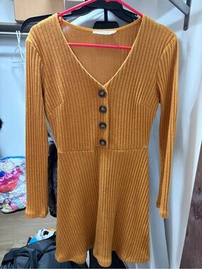 Lush Ribbed Knit Button-Front Dress in Mustard